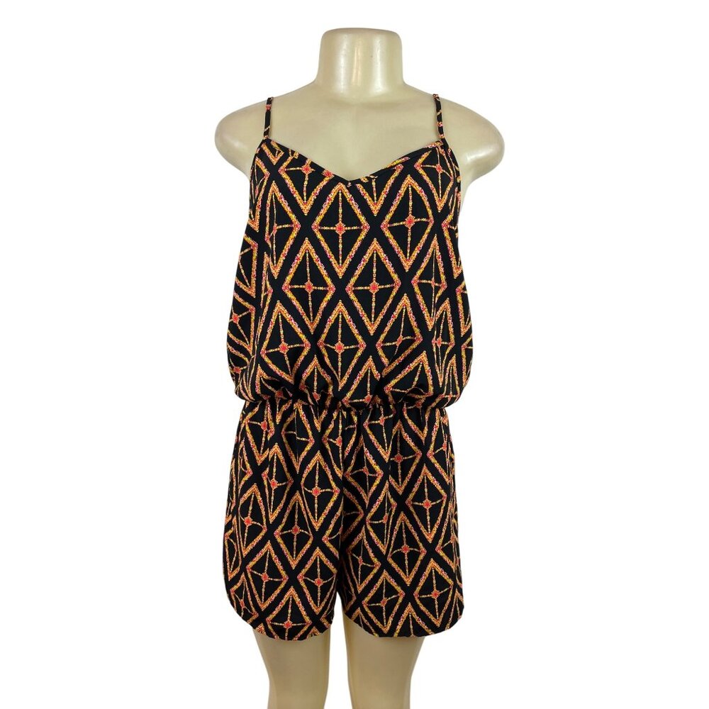 Orange Creek Women's Black Sleeveless Romper With Orange Geometric Print